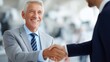 © liliyabatyrova - Two men in formal suits share a firm handshake, smiling and seeming pleased with their business discussion. The bright office ambiance enhances the positive atmosphere