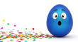 © PhotoArtHub - Blue egg with facial expression of surprise and confetti, representing celebration, festivity, and animation, suitable for party or cartoon concept