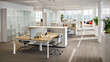 © Sabbir Digital - Bright Open Plan Office with White Workstations and Warm Striped Carpet