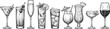 © Creative Vector - Cocktail glass illustration set featuring classic mixed drinks, wine and spirits, detailed hand drawn bar beverage sketches for menu design branding projects