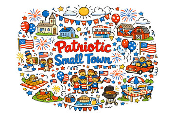  Patriotic Small Town. Hand-drawn doodle illustration of Patriotic Small Town. small town houses, fireworks,