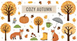 © Yevhenii creative - Cozy autumn vector set with fall trees, foxes, pumpkins, leaves, acorns, rain boots, umbrella, and warm seasonal nature illustrations