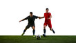 © master1305 - Two soccer players chasing ball isolated on white background. Concept of competition, speed advantage, defensive pressure, offensive breakthrough, teamwork rivalry, and professional football intensity