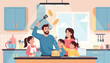 © AL - Family cooking pancakes together in modern kitchen on holiday morning joy and happiness Shrove Monday