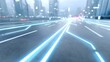 © pkproject - Abstract visualization of a futuristic urban highway with glowing blue digital pathways symbolizing smart city technology connectivity and forward movement
