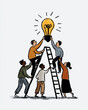 © Kingdola - Illuminating Innovation: A diverse team working together to illuminate a lightbulb, symbolizing the collective effort and power of idea generation and teamwork in achieving innovation.