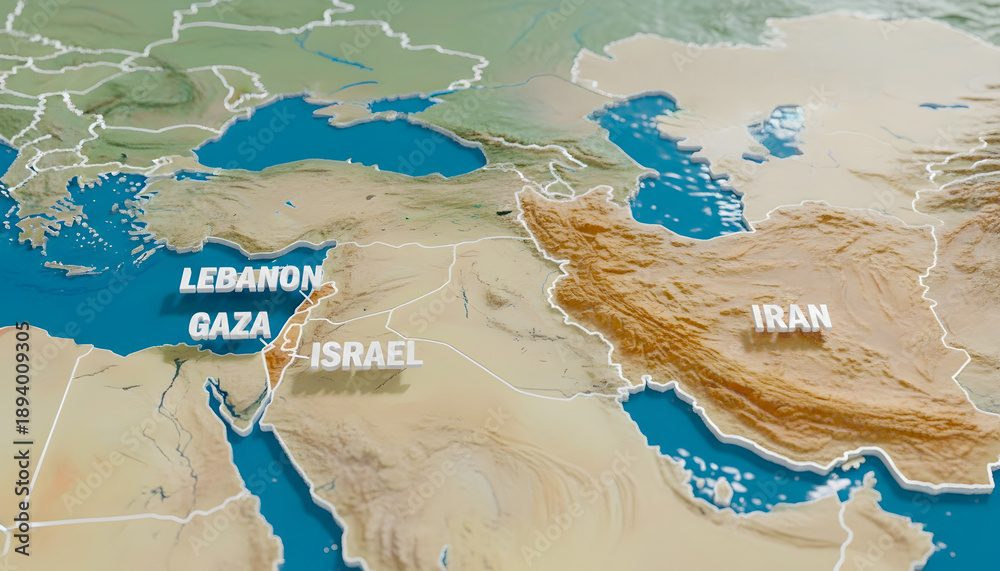 3D Map of Middle East Highlighting Israel, Iran, Gaza and Lebanon ...