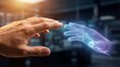 © JasmineStudio - Human hand touching futuristic digital hand with glowing blue lines in a modern cityscape at sunset