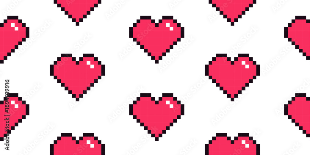 Pixel art seamless pattern. Retro 8-bit love red heart icon on white ...