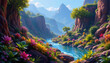 © จนา เลพล - create a digital painting of an alien canyon forest river scene, set in a vibrant planetary environment