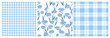 © Felizabeth - Set of spring seamless patterns with gingham vichy plaid and blue flowers. Soft pastel vector backgrounds for fabric, wrapping paper, and stationery