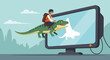 © Anisah - Boy riding a dinosaur emerging from computer screen, imagination concept