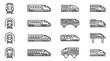 © Aether - Modern High-Speed Train Icon Set in Minimalist Black and White Line Art. Vector Collection Featuring Bullet Trains on Tracks, in Tunnels, and Crossing Bridges for Transport and Travel Design.
