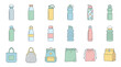 © Aether - Flat Design Vector Icon Set of Reusable Water Bottles and Eco-Friendly Bags in Pastel Colors. Sustainable Lifestyle Items Including Tote Bags, Backpacks, and Sports Bottles for Zero Waste Living.