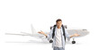 © Ljupco Smokovski - Confused young male passenger gesturing with hands in front of a plane