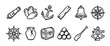 © Happy Carrot - Set of nautical pirate adventure icons in a hand-drawn sketch style, featuring a cannon, anchor, compass rose, treasure chest, ship's wheel, and other maritime symbols