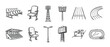 © Happy Carrot - Set of hand-drawn stadium equipment icons including seats, floodlights, running track, scoreboard, and hurdles in a black and white doodle style for sports and athletics concepts
