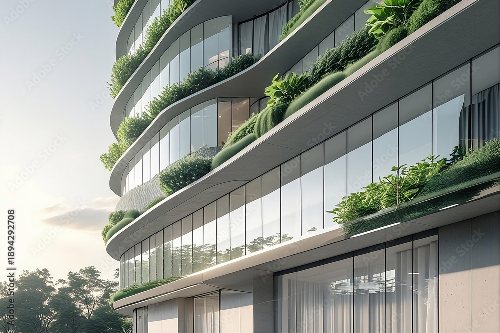 Close up of sleek modern building facade with energy-saving design ...