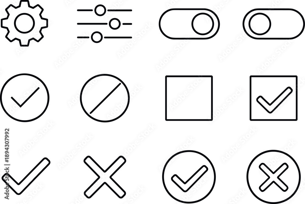 Line style vector icons of interface settings icons: gear, slider ...