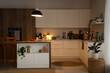 © Pixel-Shot - Interior of kitchen with counters, utensils and glowing lamps in evening