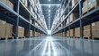 © fantasyart3d - Interno di un moderno magazzino logistico con scaffalature industriali e pacchi pronti per la spedizione. Generative AI