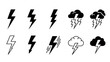 © Dieke - Collection of black and white lightning bolt icons and storm symbols, depicting electricity, weather, and power concepts for various uses.