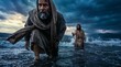 © MEO - Man Kneeling in Stormy Water Reaches for Jesus Extending a Hand in a Dramatic Scene.