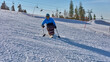 © Alex - a wheelchair user skiing down a slope on a fine day