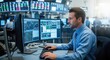 © Mey - A man working at a desk in a busy office environment, surrounded by multiple computer monitors displaying financial data.