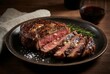 © Cahya - Juicy grilled ribeye steak sliced on a plate with rosemary and red wine, gourmet beef dinner on a rustic wooden table