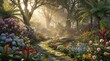 © Fisnanda - Serene garden path with vibrant flowers and lush greenery at sunrise