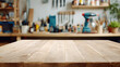 © Nattapol - Wooden table workbench workshop empty surface copy space blurred background carpentry rustic tool shelf home garage wooden table workbench cozy
