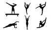 © Ahahila - Black Silhouette Set of Female Gymnasts and Yoga Poses, Rhythmic Gymnastics, Balance Beam, Flexibility, and Athletic Performance for Fitness Design Elements,