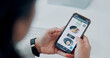 © SparkPix/peopleimages.com - Food, phone screen and hands of person in office for online order, delivery and takeaway on mobile app. Above, working and woman scroll on smartphone with options, menu and website for lunch break