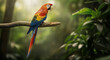 © Luminary Shots - Vibrant macaw parrot perched on branch in lush tropical rainforest with greenery