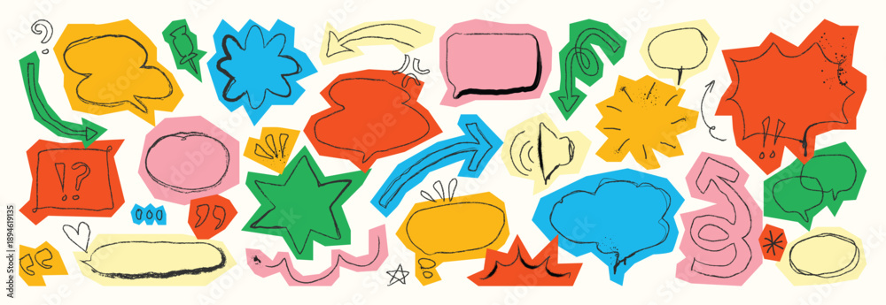 Hand drawn colorful speech bubble doodle vector set with chat icons, thumbs, labels and comic marks on white background. Fun design elements for apps, posters and social media.