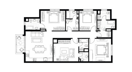 Naklejka na meble Detailed architectural floor plan featuring room layouts furniture and walls presented as a silhouette on transparent background high quality professional detailed