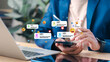 © Smile Studio AP - Business professional using smartphone with floating social media notifications, likes and comments. Concept of social media engagement, online communication and digital marketing.