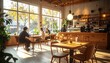 © Photo by mQ - Warm inviting photo of a cozy local café interior with natural wood furniture and soft lighting, people chatting quietly, professional barista at work, peaceful urban lifestyle atmosphere.