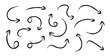 © Syntro - Hand drawn arrow vector line icon set in crayon and brush style. Brush sketch arrow line curve up, down shape chalk texture element set.
