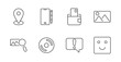© Anastasia - Digital tool and content set icon. Pin on base, phone with pen, wallet with card, landscape, image search, disc, alert bubble, emoji face drawn in outline for app, photo, and UI themes.