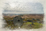 Digital watercolour illustration of the millstones at Stanage Edge in the Derbyshire Peak District during winter.