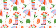 © Tasha - Seamless spring pattern with cute frog, umbrella, rubber boot and flower. Playful pastel flat illustration with butterfly and nature elements for kid textile, wrapping paper and decorative surface