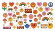 © Tania - Colorful cartoon stickers with smiley faces and good vibes text love  in white background.