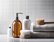 © Karina - bathroom essentials on a white tiled surface for hygiene