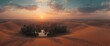 © NeuralNiche - Sand desert oasis at sunset, picturesque sunset scene in the sand, sunrise over desert oasis, rendered image of desert sunset