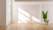 © LEKSTOCK 3D - Modern minimal living room featuring wood floor with a large window elegant contemporary white room ,Color of the Year 2026 – Cloud Dancer ,copy space ,emptry room.3Drender