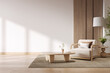 © LEKSTOCK 3D - Minimal living room interior with armchair, wooden furniture, and large empty wall for copy space. Clean and modern background.3drender