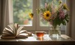 © efa - A still life of flowers, tea, and a book on a sunlit table