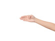 © Somphop - A hand with an open palm extended forward, isolated on a clean gray background. Perfect for concepts of offering, giving, receiving, or holding an invisible object. There is ample negative space for t